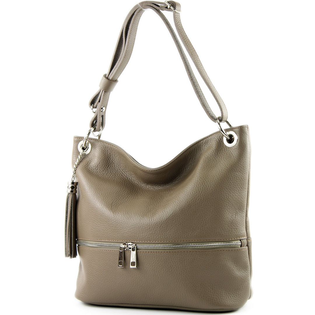 modamoda de - T143 - ital. Leder Schultertasche Umhängetasche Dunkeltaupe, Dunkeltaupe