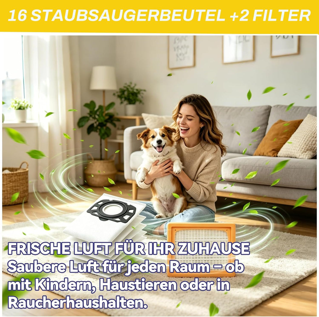 16 Staubsaugerbeutel + 2 Filter kompatibel mit Kärcher WD4 WD5 WD6 WD5P WD6P MV4 MV5 MV6, KFI 487 Be