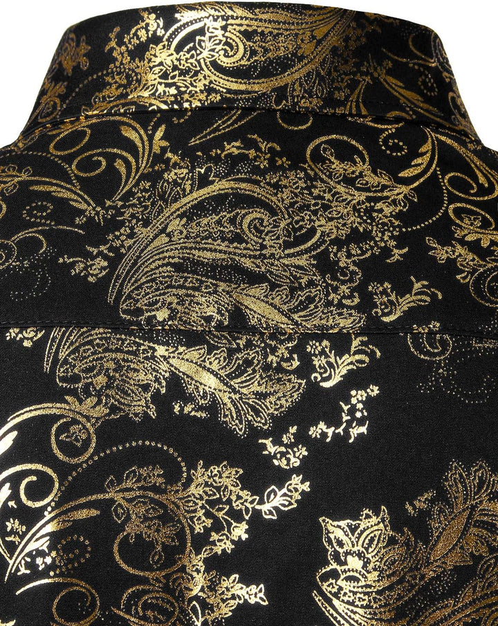 PARKLEES Herren Luxus Paisley Gemustert Golden Glänzend Slim Fit Freizeithemd XL Schwarz Golden, XL