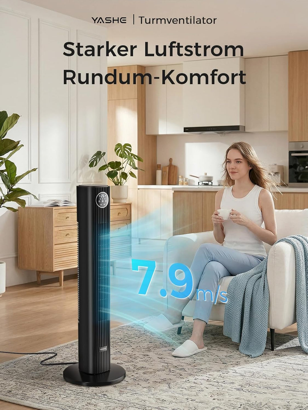 YASHE Turmventilator mit Fernbedienung, leiser Standventilator mit 28 dB, 3 Geschwindigkeiten, 4 Mod