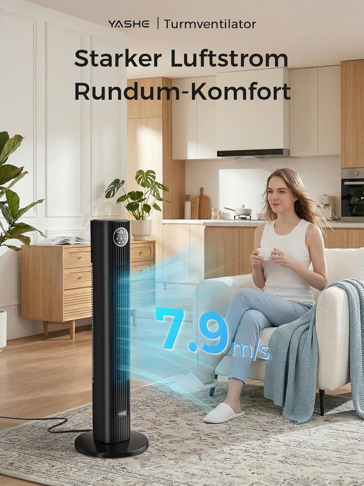 YASHE Turmventilator mit Fernbedienung, leiser Standventilator mit 28 dB, 3 Geschwindigkeiten, 4 Mod