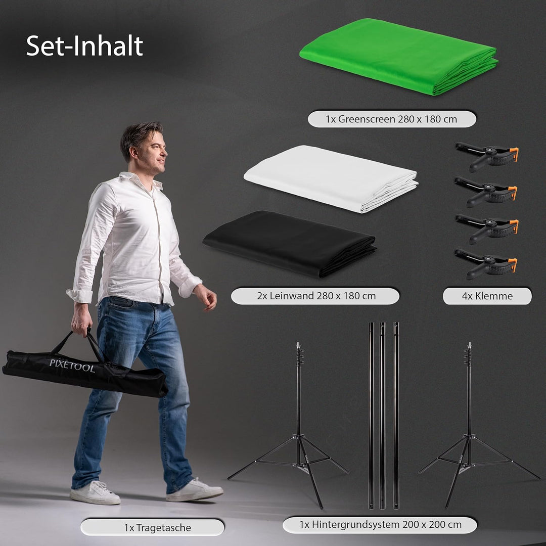 PIXETOOL Greenscreen (2,8m x 1,8m) mit Ständer (2m x 2m) - Fotohintergrund - Green Screen Fotostudio