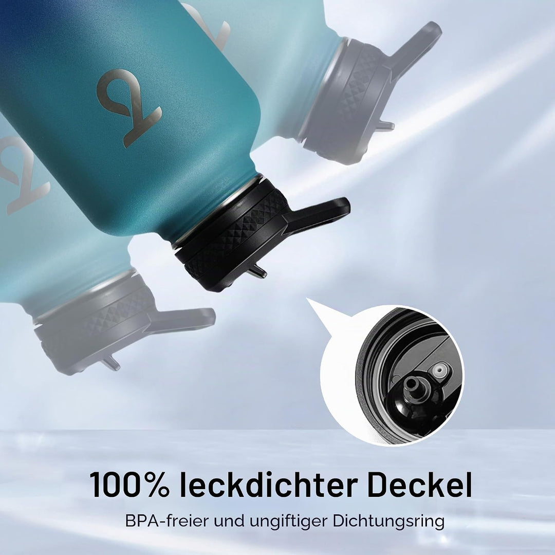 Trebo Isolierte Wasserflasche, 1,8 l, Metall-Vakuum-Wasserkrug mit Griff und 3 Deckeln, auslaufsiche