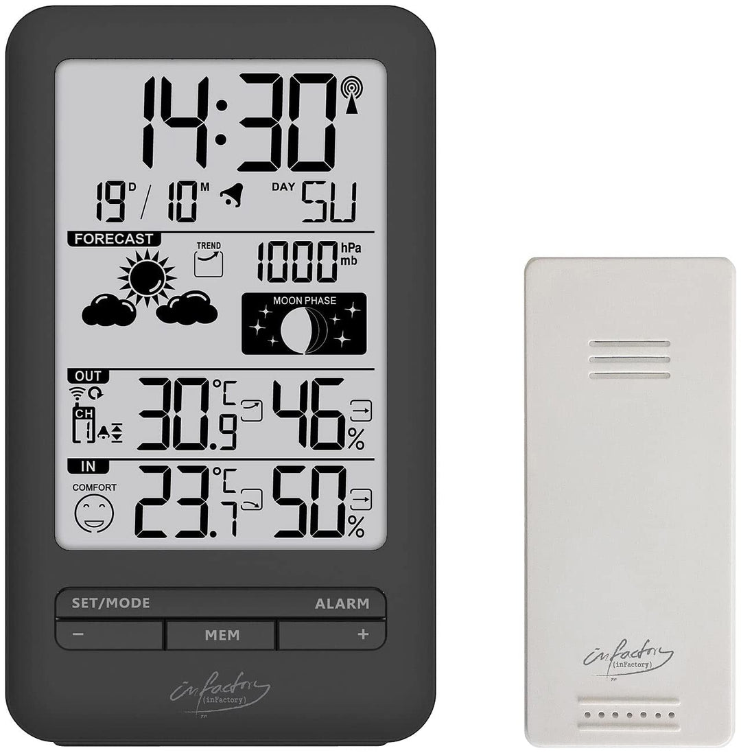 infactory Digitale Wetterstation: Funk-Wetterstation mit Aussensensor, Prognose, Luftdruck und Mondp