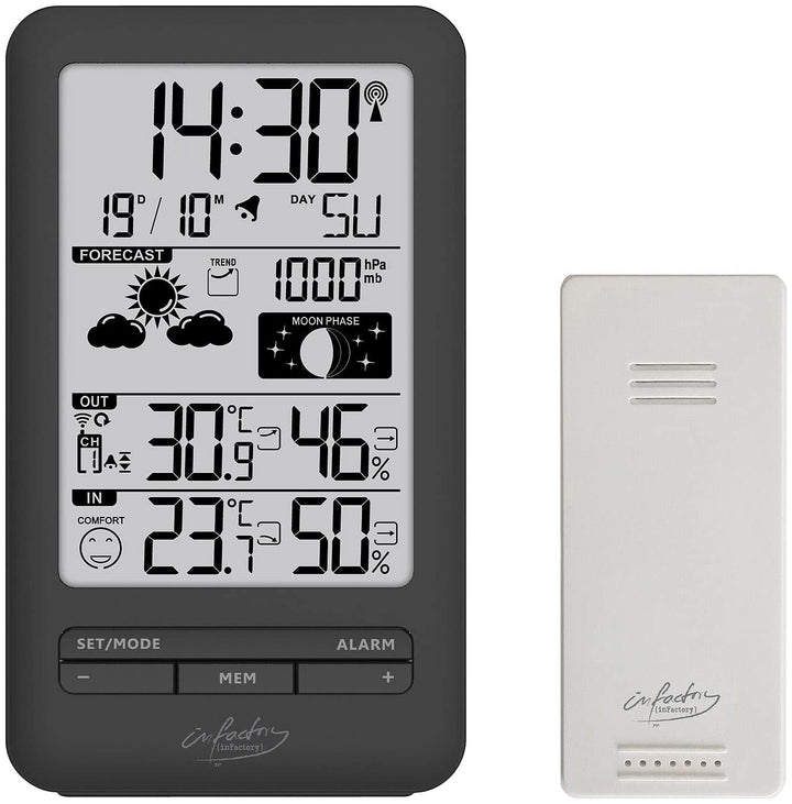 infactory Digitale Wetterstation: Funk-Wetterstation mit Aussensensor, Prognose, Luftdruck und Mondp