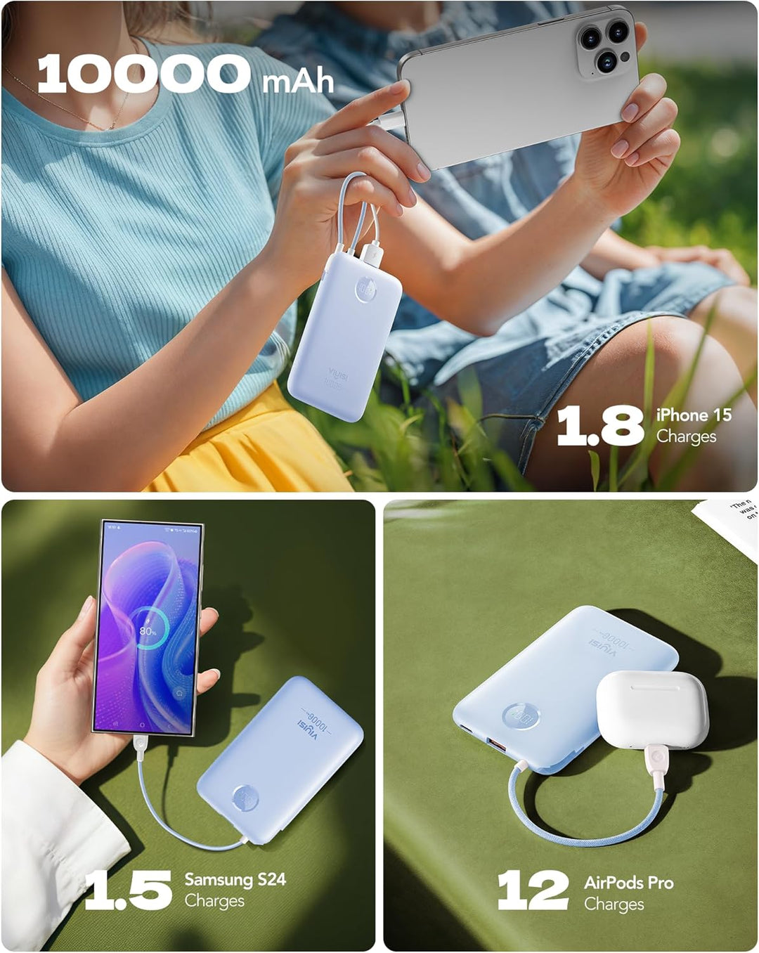 VIYISI Powerbank 10000mAh, Ultrakompaktes Akkupack mit integriertem USB-C Kabel &amp; LED-Anzeige, Exter