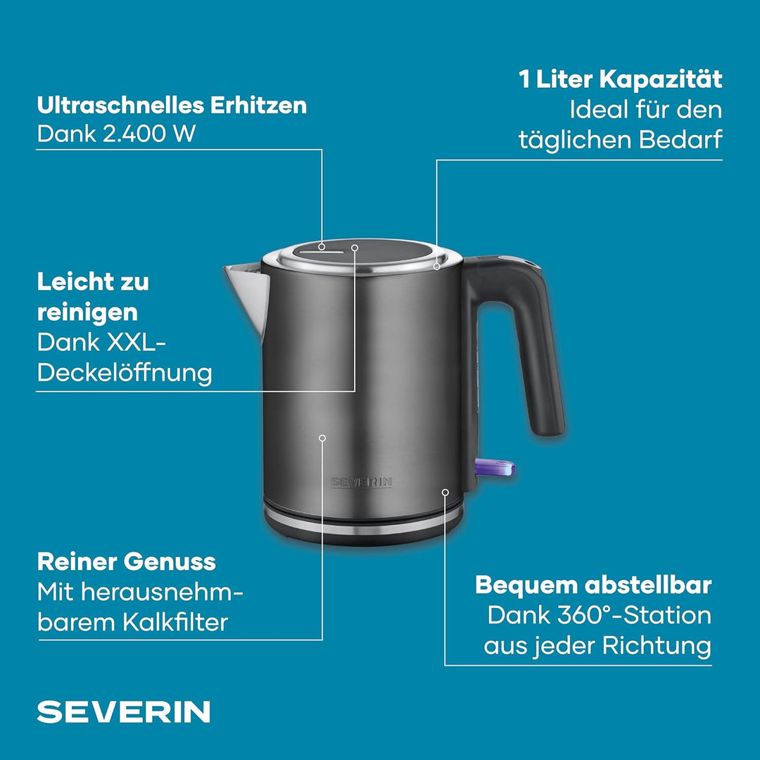 Severin Wasserkocher mit Fast-Boil-Power und Kalkfilter, 1 L Fassungsvermögen, Einhandbedienung, Tee