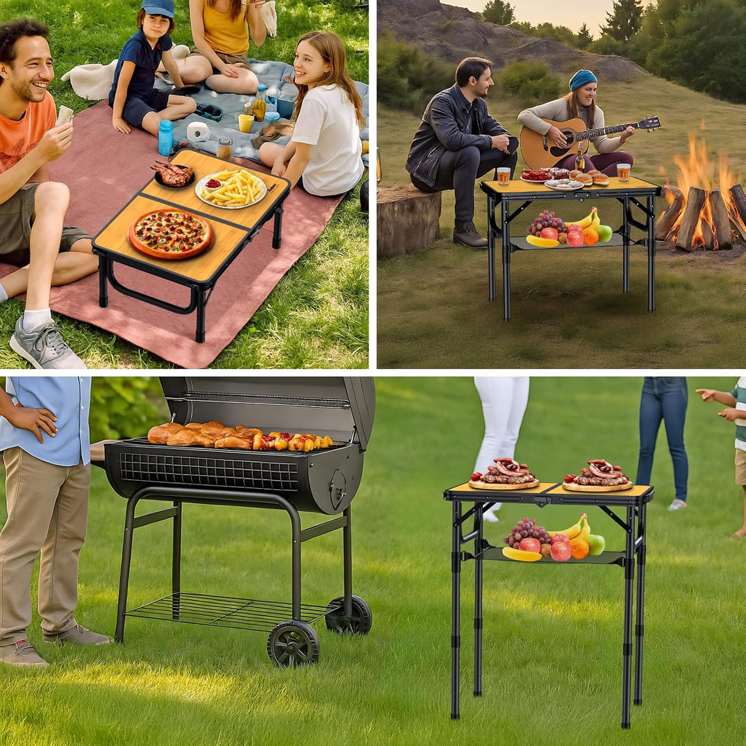 Anbte Campingtisch Klappbar 58x40cm Aluminium Schwarz-Rahmen Picknicktisch 3 Höhen Verstellbar 26/48