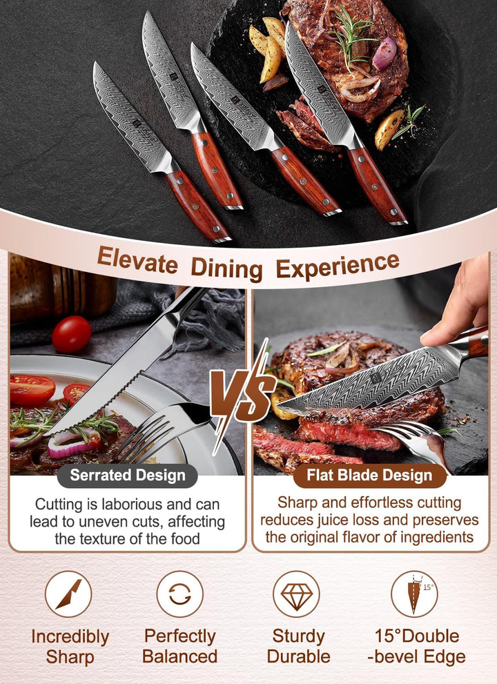 XINZUO Damaststahl 4-teilig Steakmesser Set, 12.7cm Premium Besteckmesser Set Scharfe Steakbesteck K