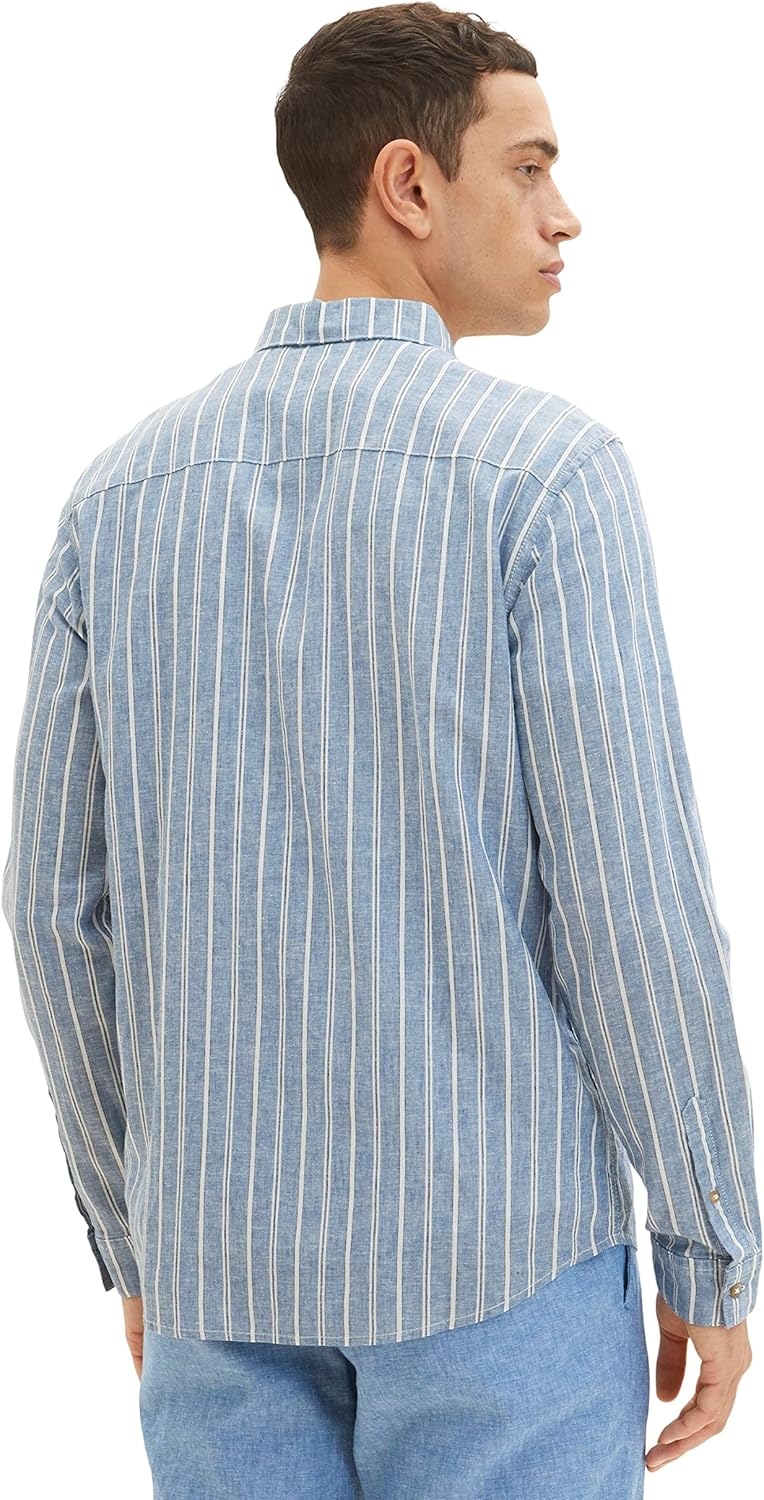 TOM TAILOR Herren Hemd mit Muster aus Leinen, 31246 - Blue Off White Navy Stripe