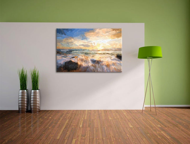 Pixxprint Sonnenuntergang am Meer als Leinwandbild/Grösse: 100x70 cm/Wandbild/Kunstdruck/fertig besp