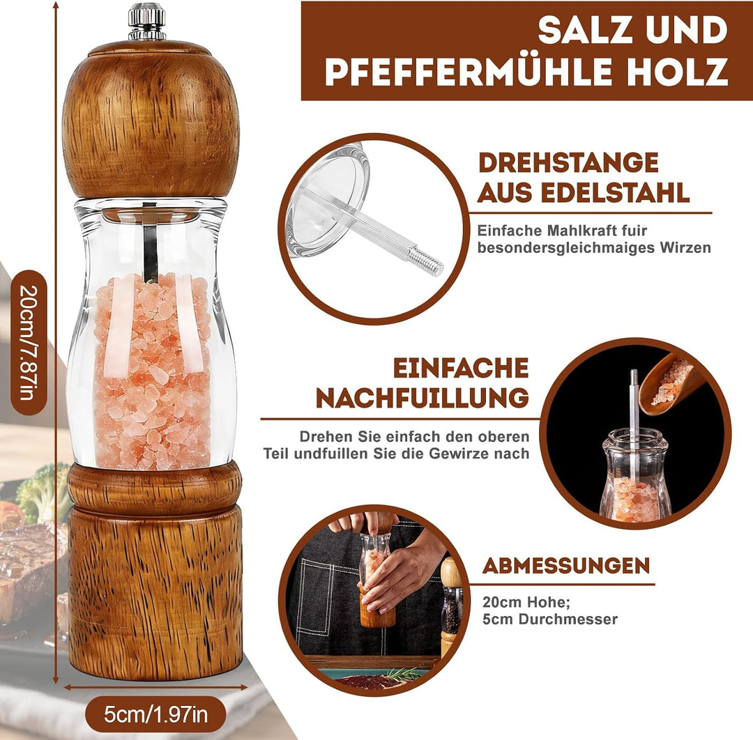 Salz und Pfeffermühle Holz, Salz und Pfeffermühle Set mit Tablett &amp; Keramikmahlwerk, Manuelle Pfeffe