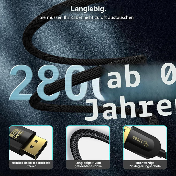 FIBBR VESA-Zertifiziert 16K DisplayPort 2.1 Kabel 1M, 40Gbit/s DP zu DP Kabel(16K@30Hz, 10K@30Hz, 8K