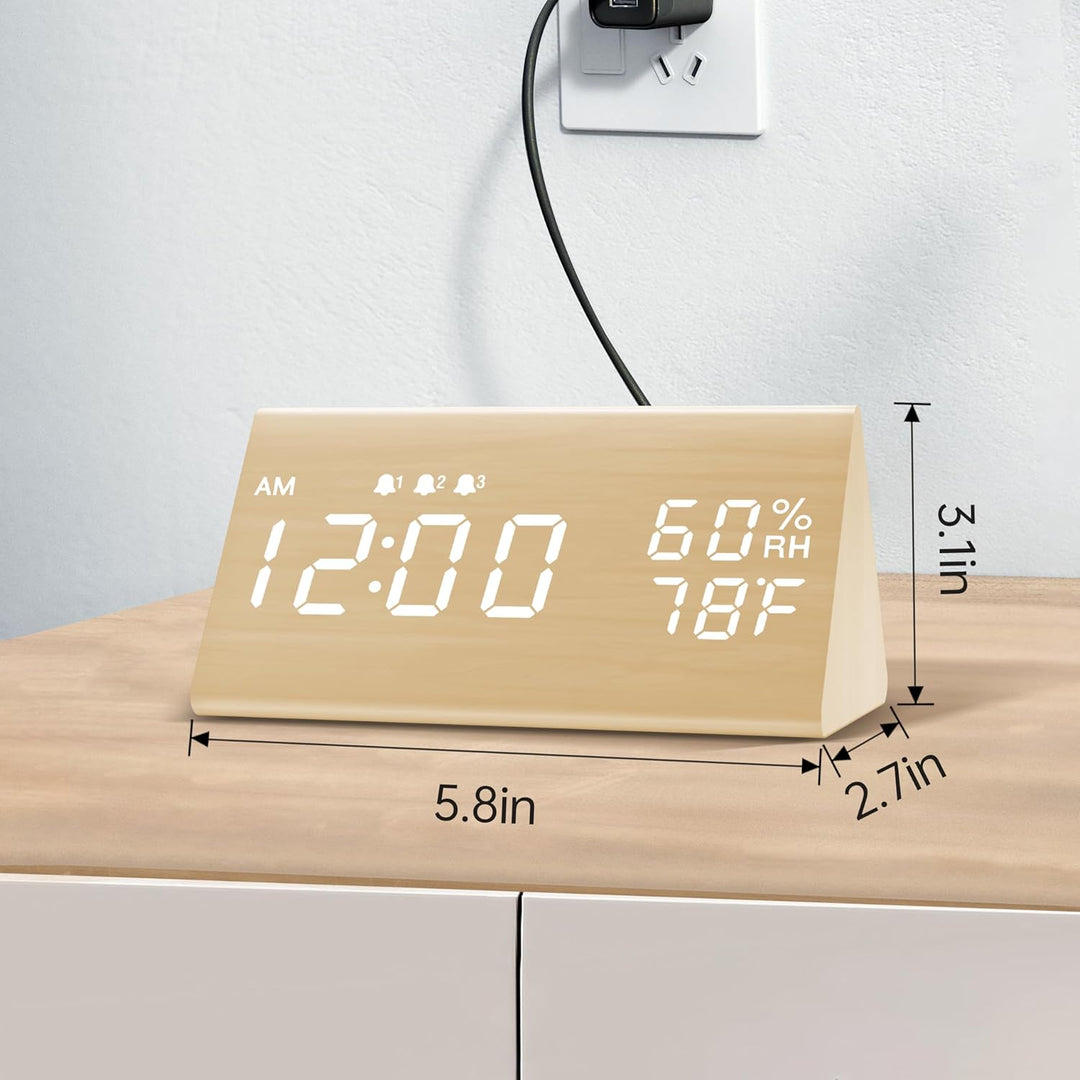 Digitaler Wecker, mit elektronischer Holz-LED-Zeitanzeige, 3 Alarmeinstellungen, Luftfeuchtigkeit un