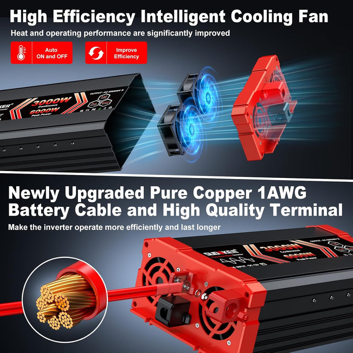 SUDOKEJI 3000W/6000W Wechselrichter Reiner Sinus Spannungswandler 12V auf 230V EU-Steckdose mit LCD