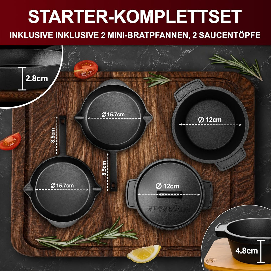 Dutch Oven Set 9-teilig – bereits eingebranntes Gusseisen Topf Set – Bratpfanne, Grilltopf, Deckelhe