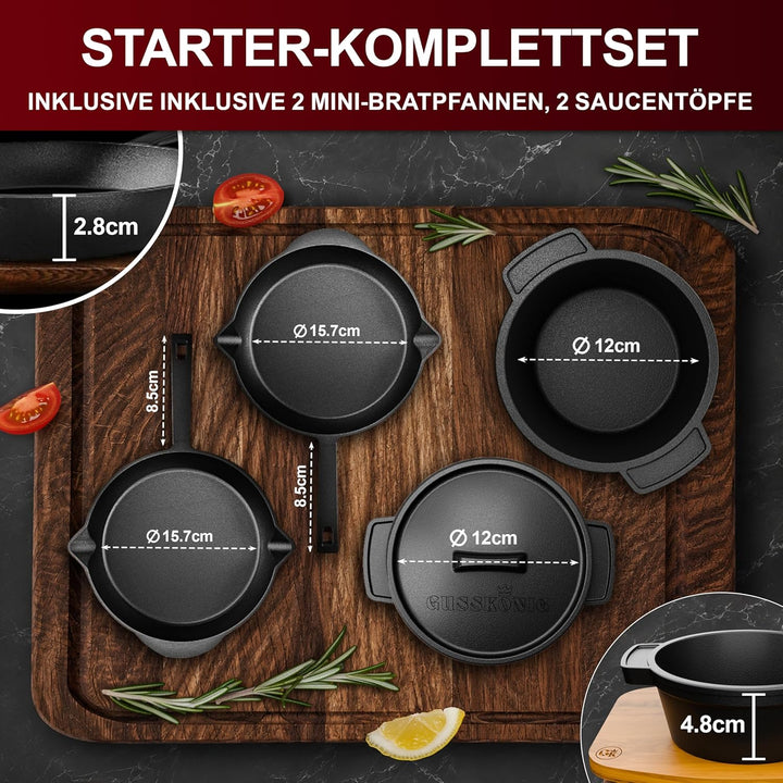 Dutch Oven Set 9-teilig – bereits eingebranntes Gusseisen Topf Set – Bratpfanne, Grilltopf, Deckelhe