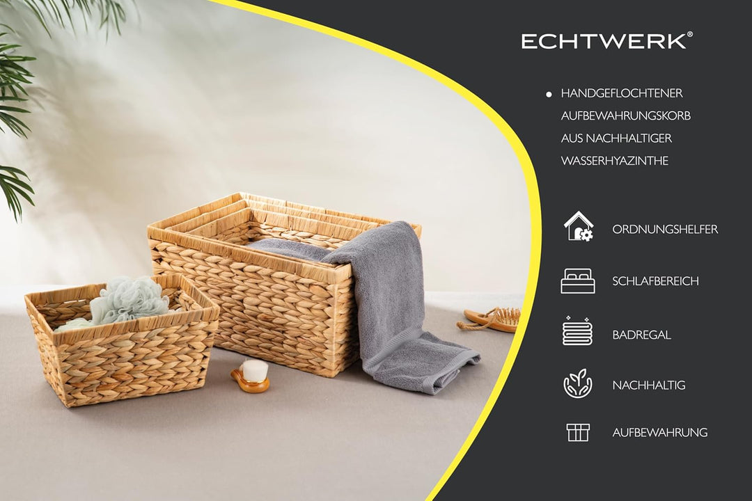 ECHTWERK 4er-Set Aufbewahrungskörbe aus Wasserhyazinthe, Rechteckig, Naturfarben, Flechtkörbe in S/M