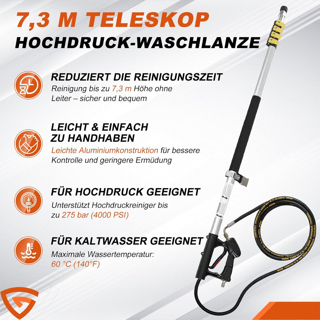 Teleskop-Hochdruckreinigerlanze, 7,3 m Teleskop Hochdruckreiniger Zauberstab, Teleskop-Sprühstab mit