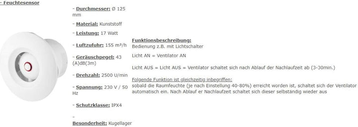 VONLIS Badlüfter Ventilator Wand Decke Niederspannung rund Ø 125 mm Feuchtesensor/Hygrostat Ø 125 mm
