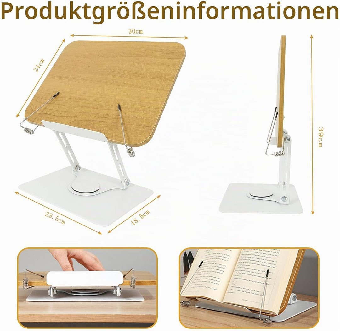 Buchständer Holz - 360° Drehung Höhenverstellbarer Buchhalter Leseständer mit Massivem Aluminiumlegi