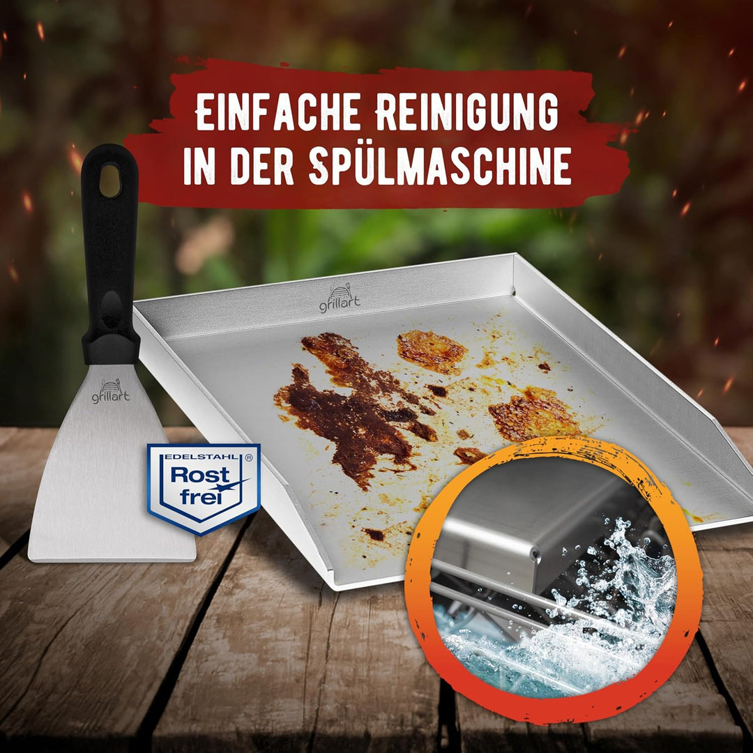 grillart® Premium Plancha Grillplatte mit Grillspachtel aus massiven 4mm Edelstahl – 30x40cm Univers