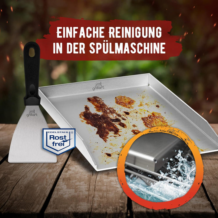 grillart® Premium Plancha Grillplatte mit Grillspachtel aus massiven 4mm Edelstahl – 30x40cm Univers
