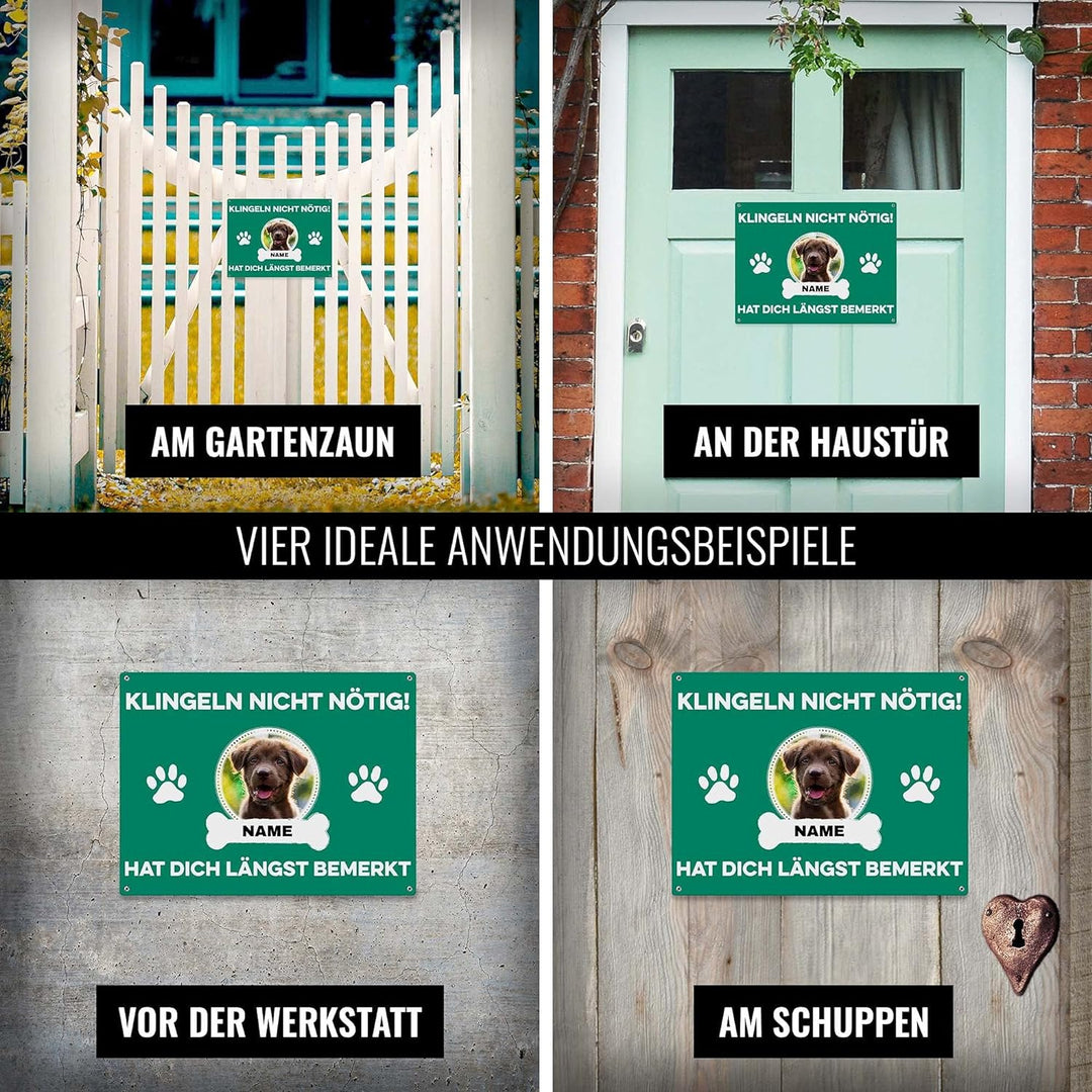 Hunde Schild personalisiert - Klingeln nicht nötig - Metallschild mit Foto und Name für aussen, wett
