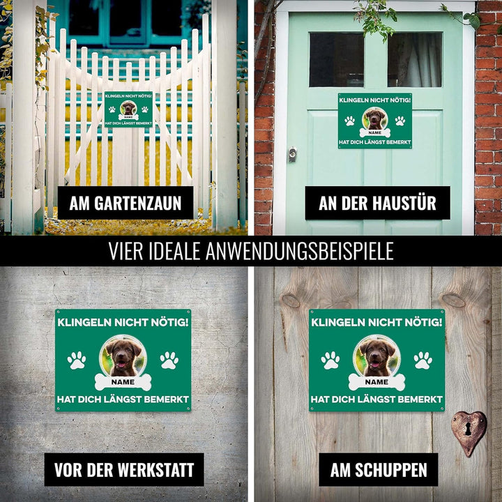 Hunde Schild personalisiert - Klingeln nicht nötig - Metallschild mit Foto und Name für aussen, wett