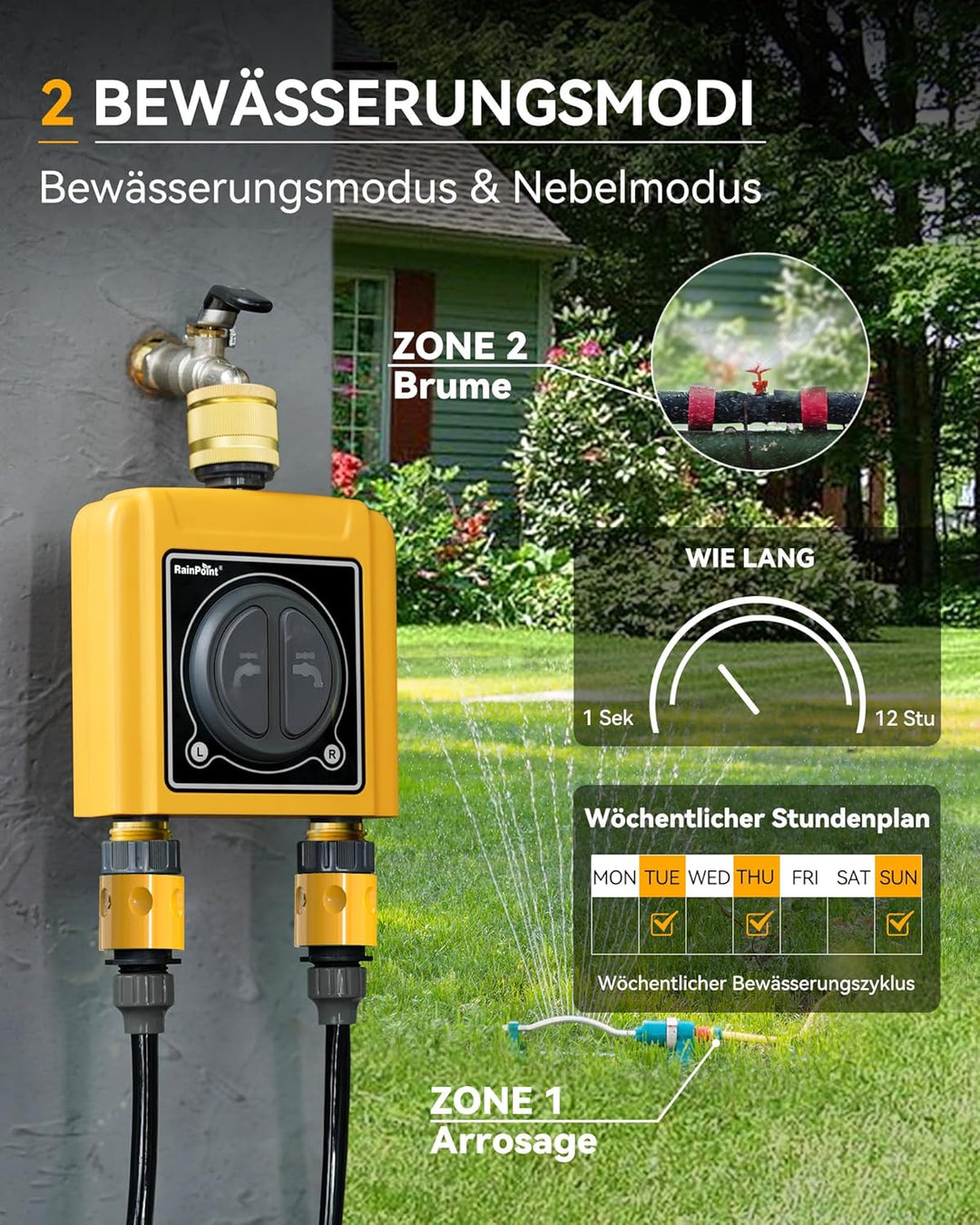 RAINPOINT Bewässerungscomputer WLAN 2 Ausgänge mit Messingeinlass und -auslass,Zeitschalter mit Rege