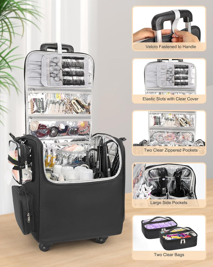 Relavel Roll-Make-up-Koffer – Hairstyling-Reisetasche mit 4 Rädern, Hitzeisolierter Schicht, Verstel