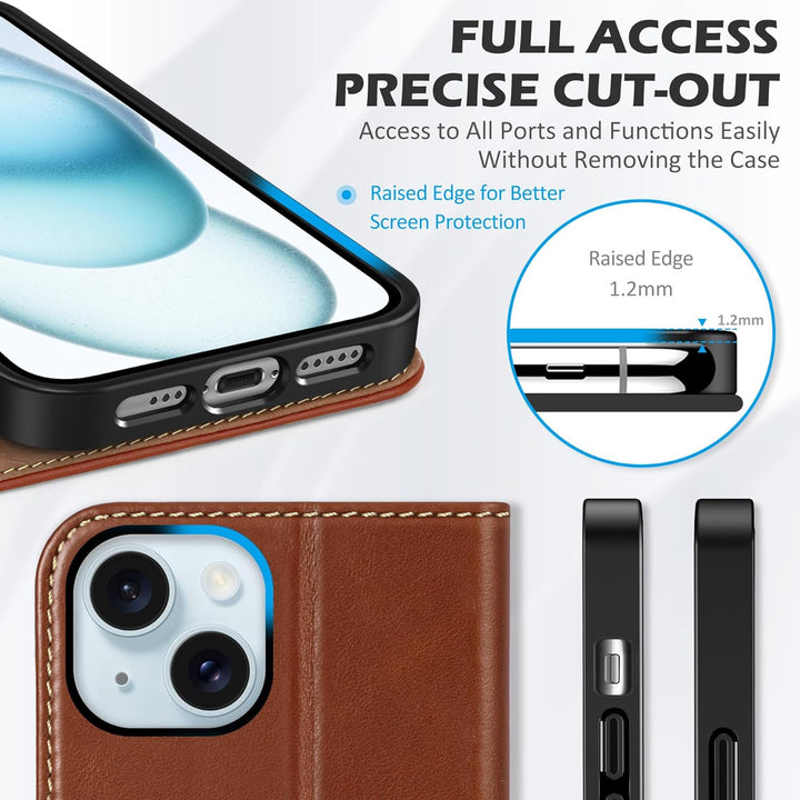 SHIELDON Hülle für iPhone 15, Lederhülle [Echtleder] [RFID Blocker] [Kartenfach] [Magnet] TPU Stossf