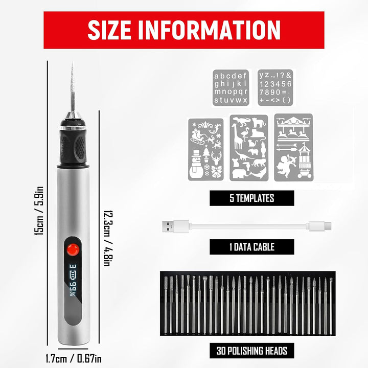 Gravierstift Wiederaufladierbar Gravur Werkzeug Kit Kabelloser Elektrischer Gravur Stift mit 30 Bits