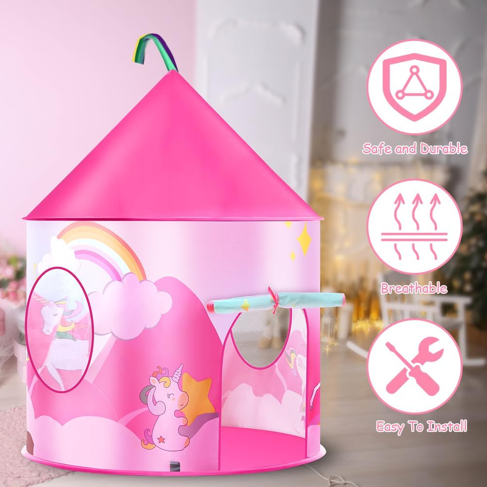 HOTUT Kinder Spielzelt, Prinzessin Zelt Rosa, Kinderzelt Indoor Outdoor mit lichtern und Aufkleber,
