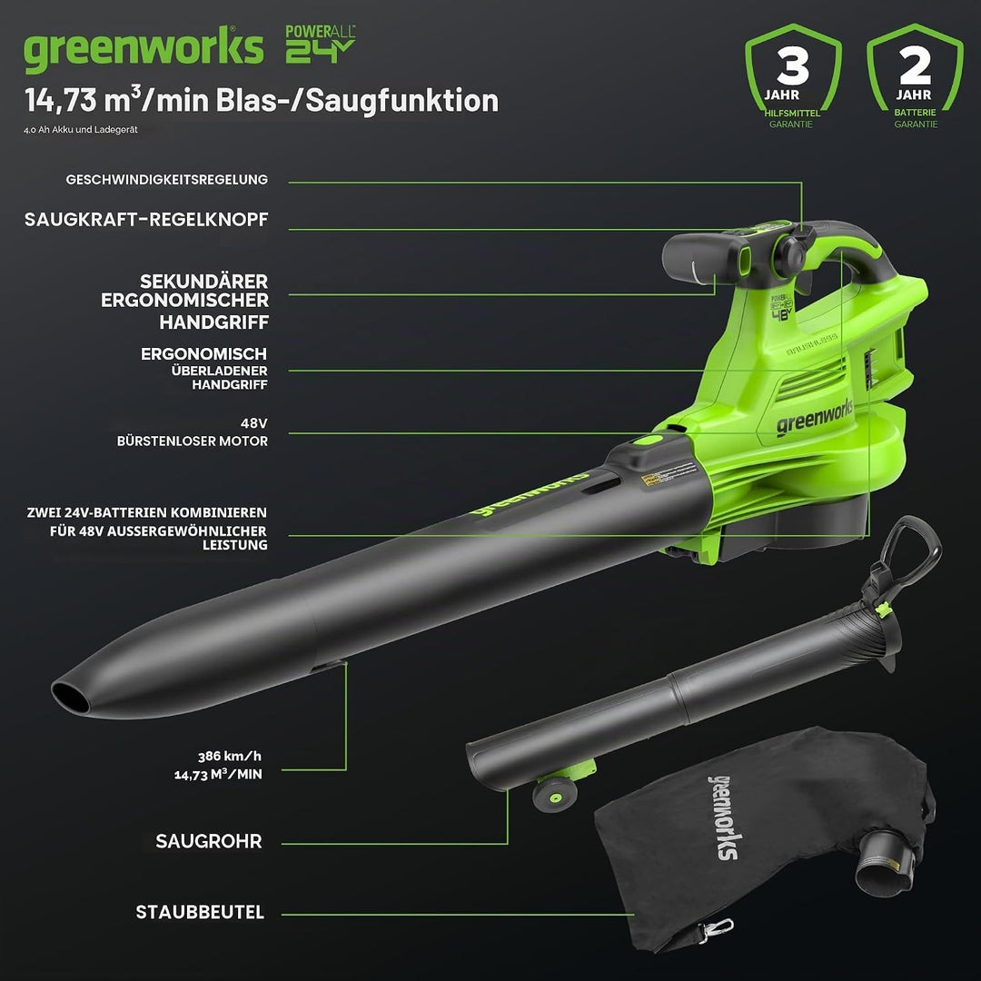 Greenworks 48V(24V x 2) Akku Laubsauger - Laubbläser mit Schultergurt, bürstenloser Motor, 386 km/h,