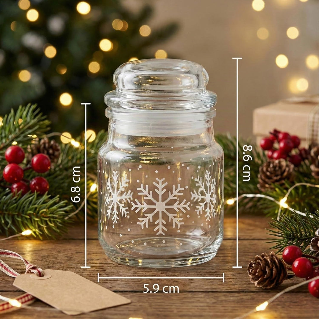 gouveo 12er Set Gläser 100 ml mit Glaskorken - Winter Schneeflocken Design - Vorratsgläser aus Klarg