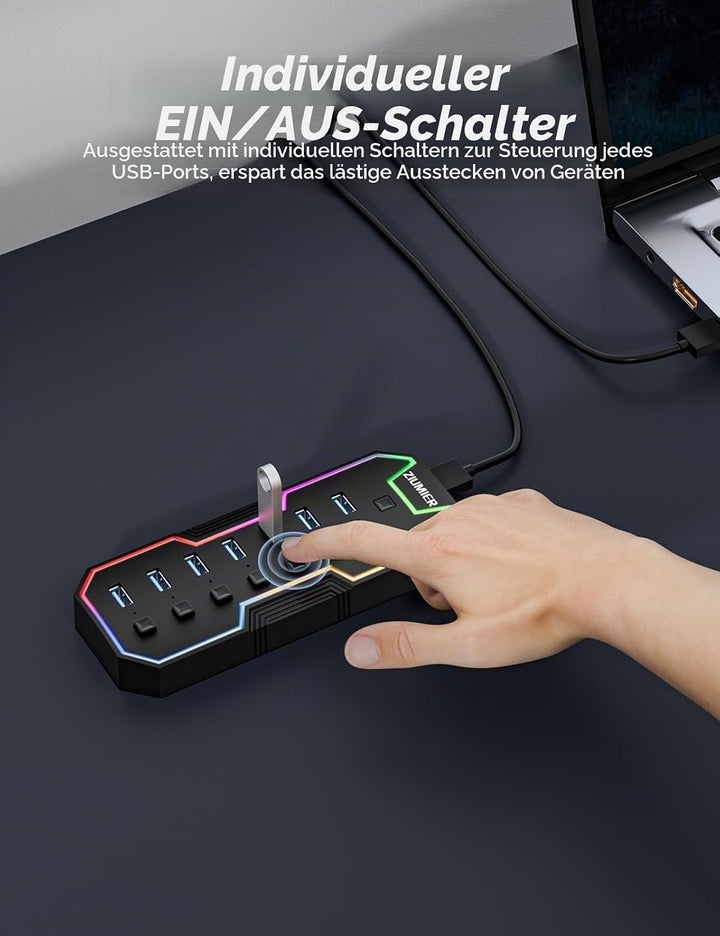ZIUMIER USB 3.0-Hub, 7-Port-USB-Expander mit RGB-LED-Streifen für MacBook, Mac Pro, Mac mini, iMac,