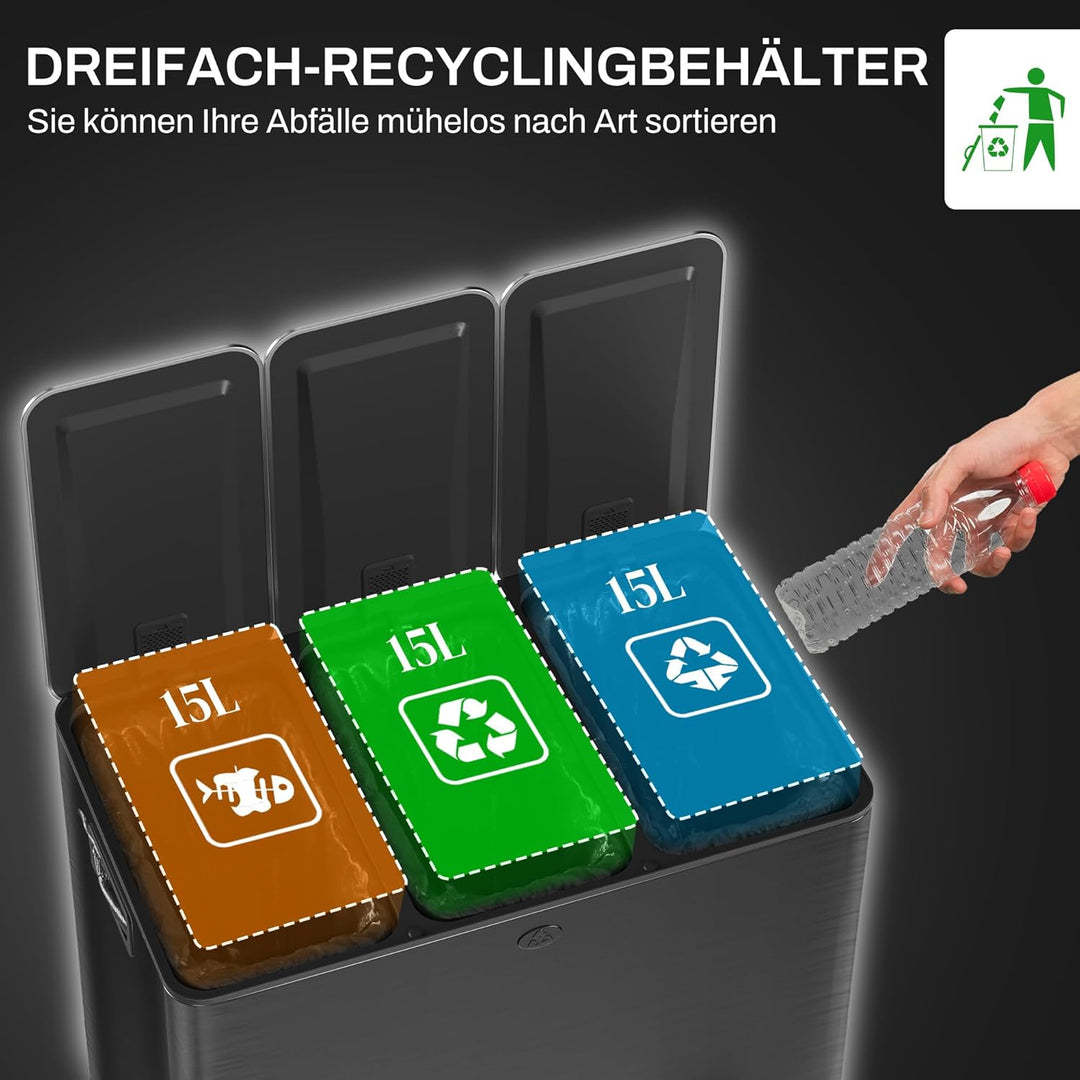 HOMCOM Mülleimer Küche 3 x 15 L Treteimer mit Softclose-Deckel und Pedal Mülltrennsystem 3 Fächer in