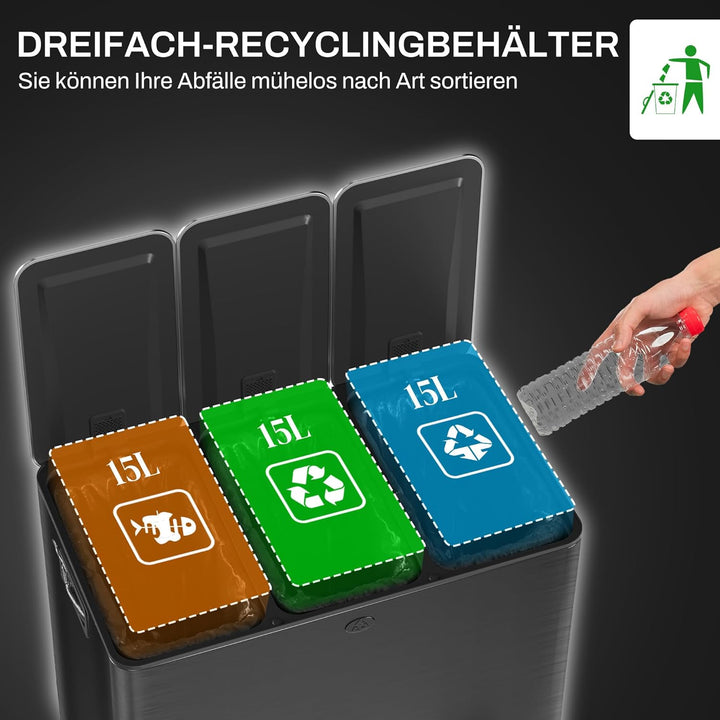 HOMCOM Mülleimer Küche 3 x 15 L Treteimer mit Softclose-Deckel und Pedal Mülltrennsystem 3 Fächer in