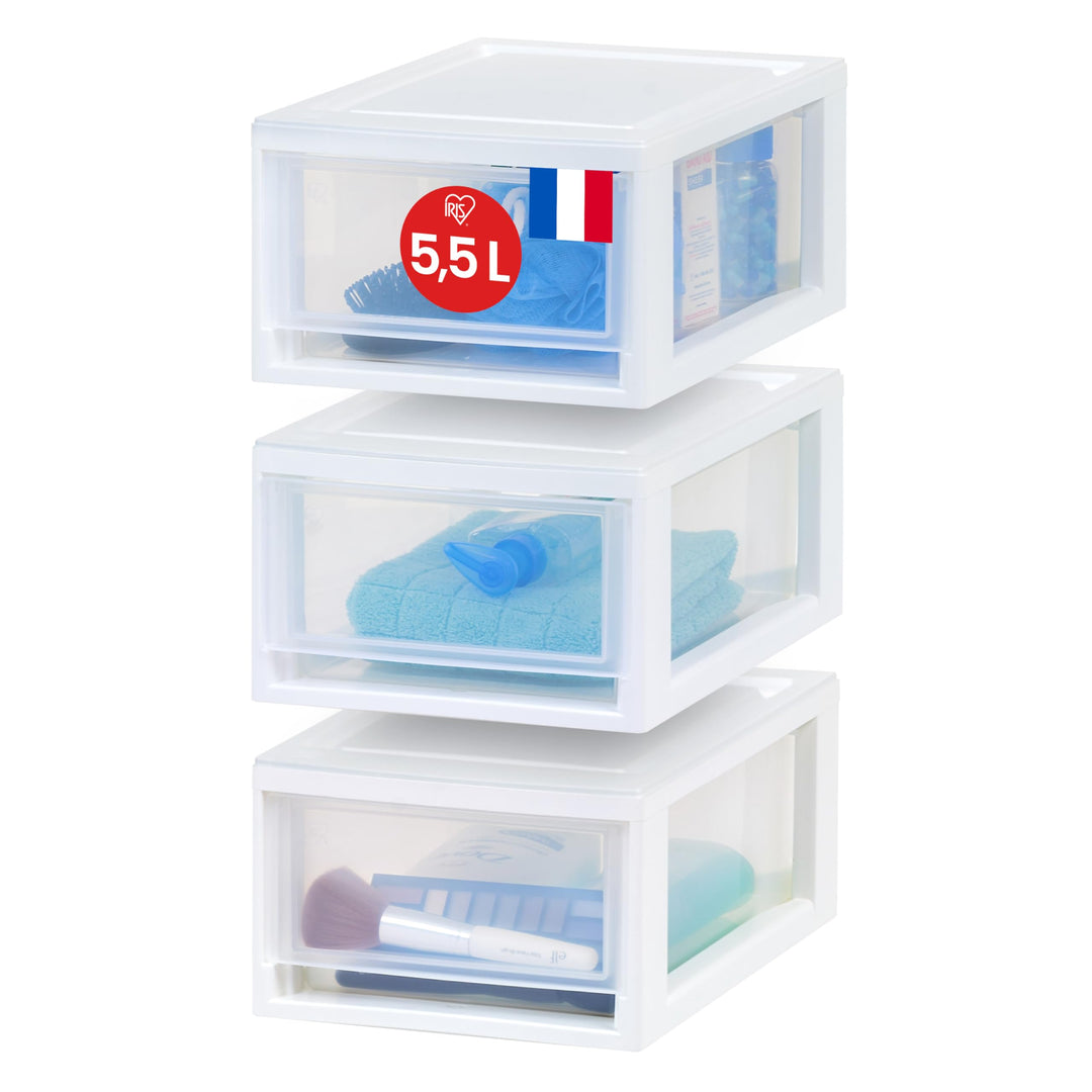 Iris Ohyama, Kunststoff-Aufbewahrungsschublade, Stapelbar, Weiss, 7L, 3er Set, Multifunktional, Sich