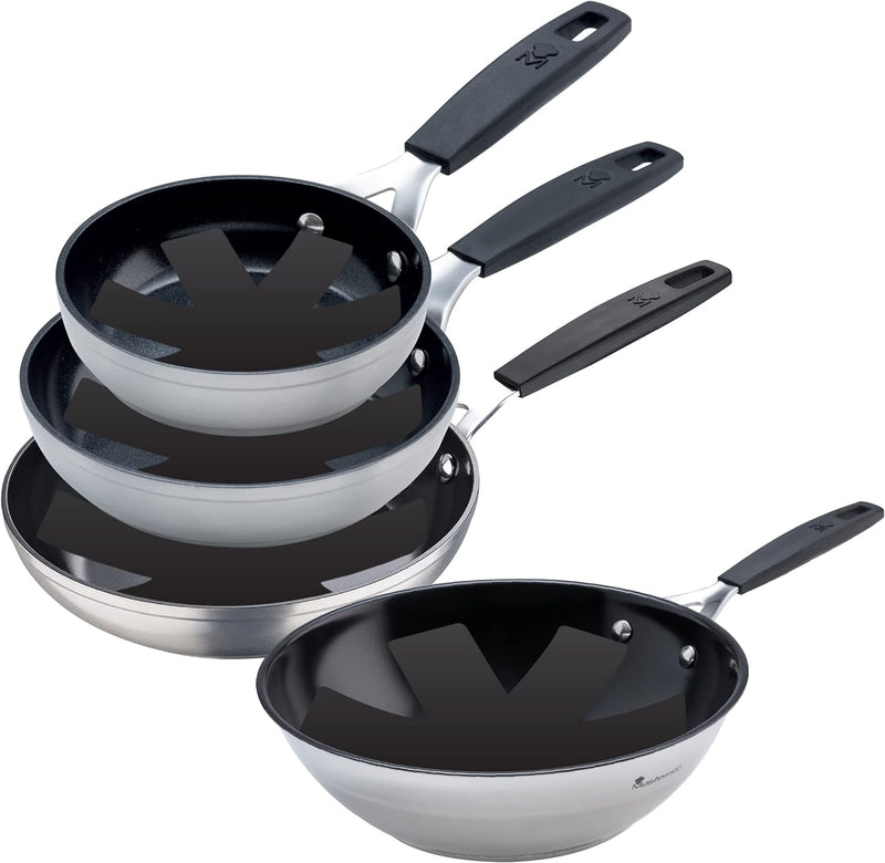 MasterPro Smart | 3er Set Bratpfannen 20, 24 und 28 cm, Wok 28 cm und 4er Set Schutzhüllen | geschmi