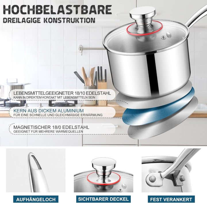 Joyfair Stielkasserolle, 18cm Premium 3-Lagiger Edelstahl Milchtopf Induktion mit Deckel, 2,5 Liter
