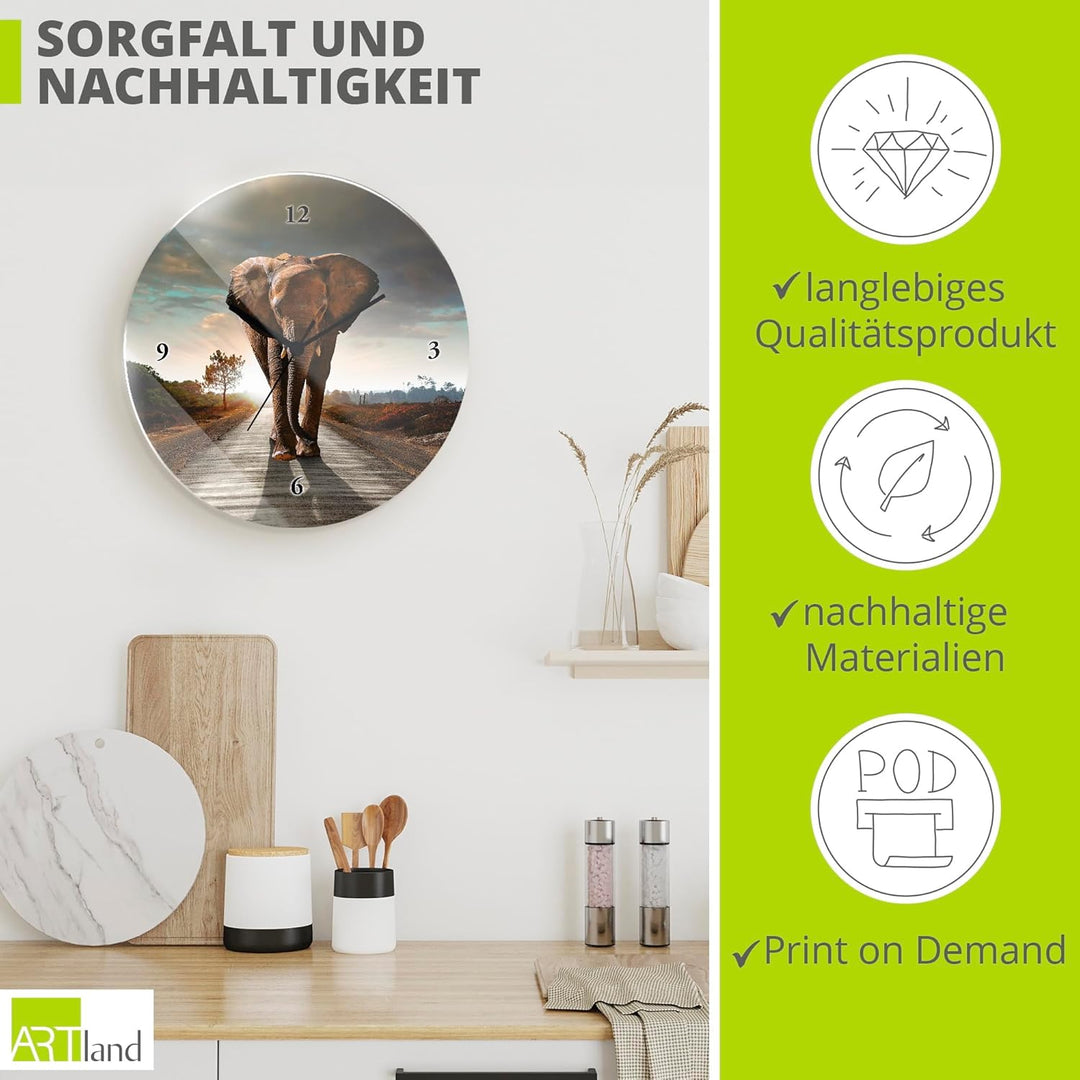 ARTLAND Wanduhr ohne Tickgeräusche Glas Funkuhr Ø 30 cm Rund Lautlos Elefant auf Strasse Elefant Fun