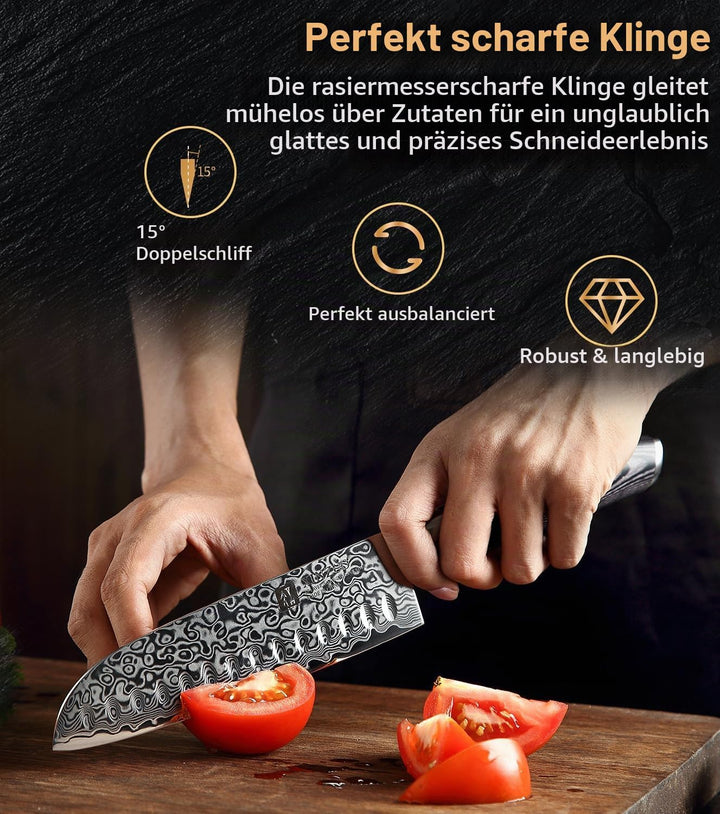 XINZUO 17,8cm Damaststahl Santokumesser, Profi Damastmesser Kochmesser Damaskus Chefmesser, Scharfe