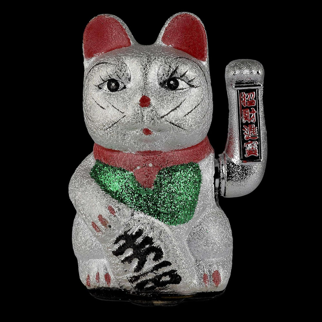Freak Scene Glückskatze Maneki-Neko Winkekatze aus Keramik 20cm Silber winkende Katze Lucky cat