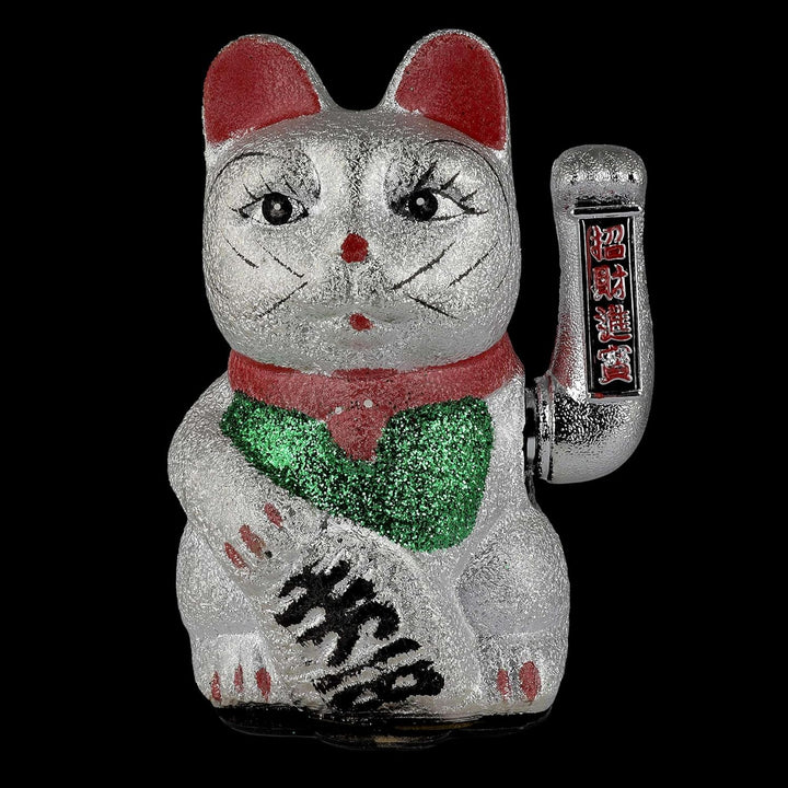 Freak Scene Glückskatze Maneki-Neko Winkekatze aus Keramik 20cm Silber winkende Katze Lucky cat