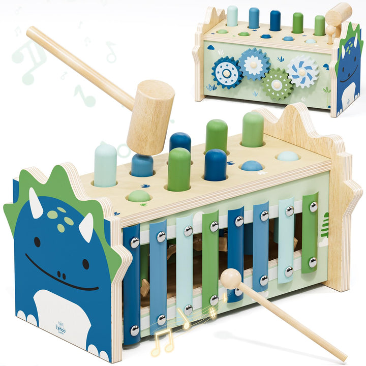 Lehoo Castle Montessori Spielzeug ab 1 Jahr, Hammerspiel mit Xylophon &amp; Zahnrädern, Holz Motorikspie