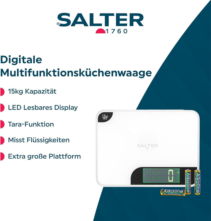 Salter Digitale Küchenwaage – LED-Display, leicht lesbar, Doppelfunktion, extra grosse Hochglanzplat
