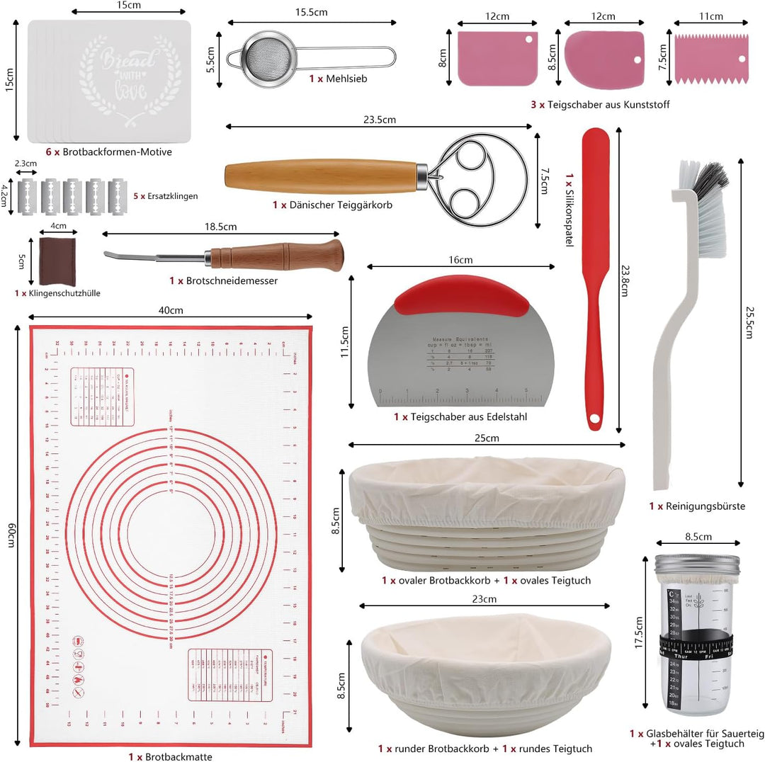 DARDVORLAG Sauerteig Starter Set,15 Teilig Gärkörbchen Brot Set mit Oval & Rund Gärkorb,Teigschaber,
