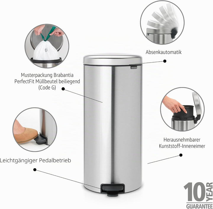 Brabantia 111822 Treteimer 30 L Silber,Plastik,Matt Stahl Fingerprint Proof,30 Liter Matt Stahl Fing